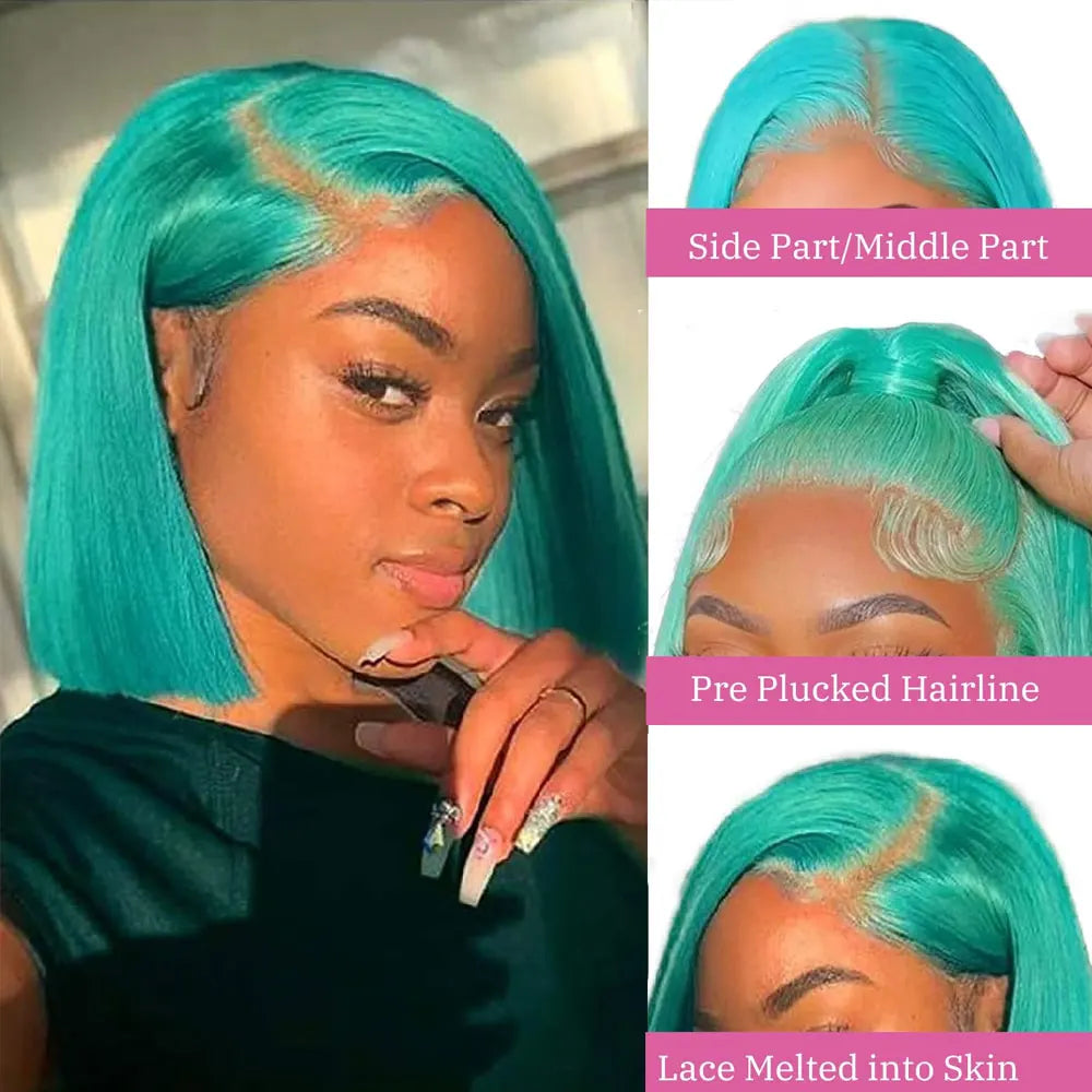 Colored Short Bob Wig Lace Front Wig Grey Pink Straight Human Hair Lace Front Wigs Dark Mint Green13x4 HD Lace Frontal Wigs