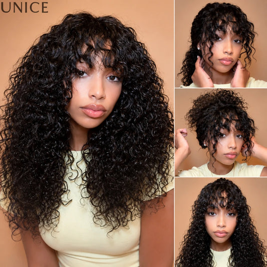 Boho Curly Wig with Bangs | Pre-Cut 4×2 T-Part Lace, Glueless Drawstring
