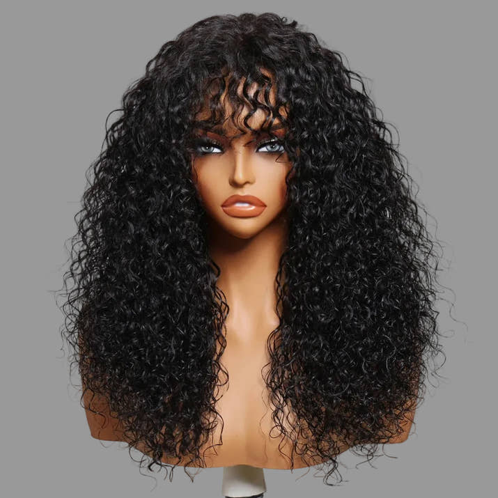 Boho Curly Wig with Bangs | Pre-Cut 4×2 T-Part Lace, Glueless Drawstring