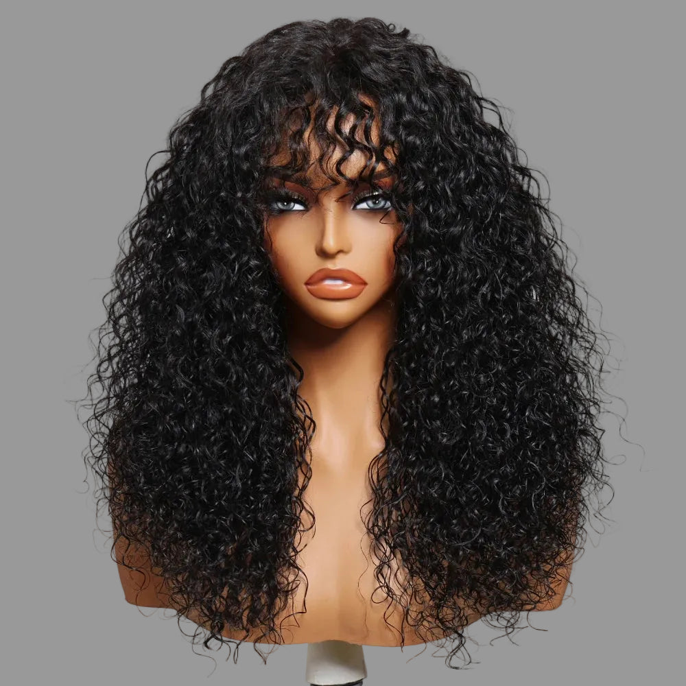 Boho Curly Wig with Bangs | Pre-Cut 4×2 T-Part Lace, Glueless Drawstring