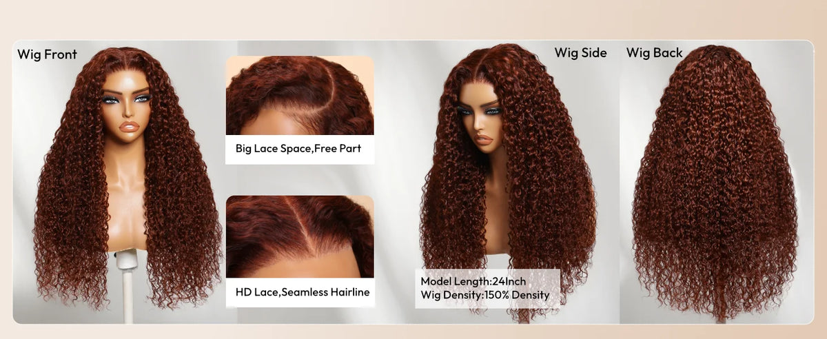 UNice 7x5 Bye-Bye Knots Reddish Brown Curly Human Hair Wig With Drawstring Pre Cut Pre Bleached Glueless Wigs