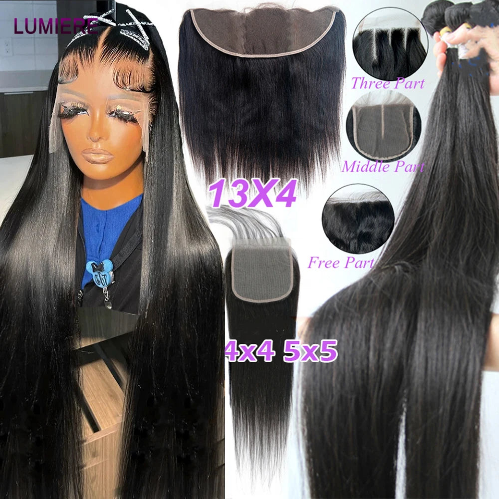 8-30 '' Wholesale Bone Straight Human Hair Bundle With Closure Frontal HD Transparent Peruvian 100% Raw Virgin15A Hair Extension