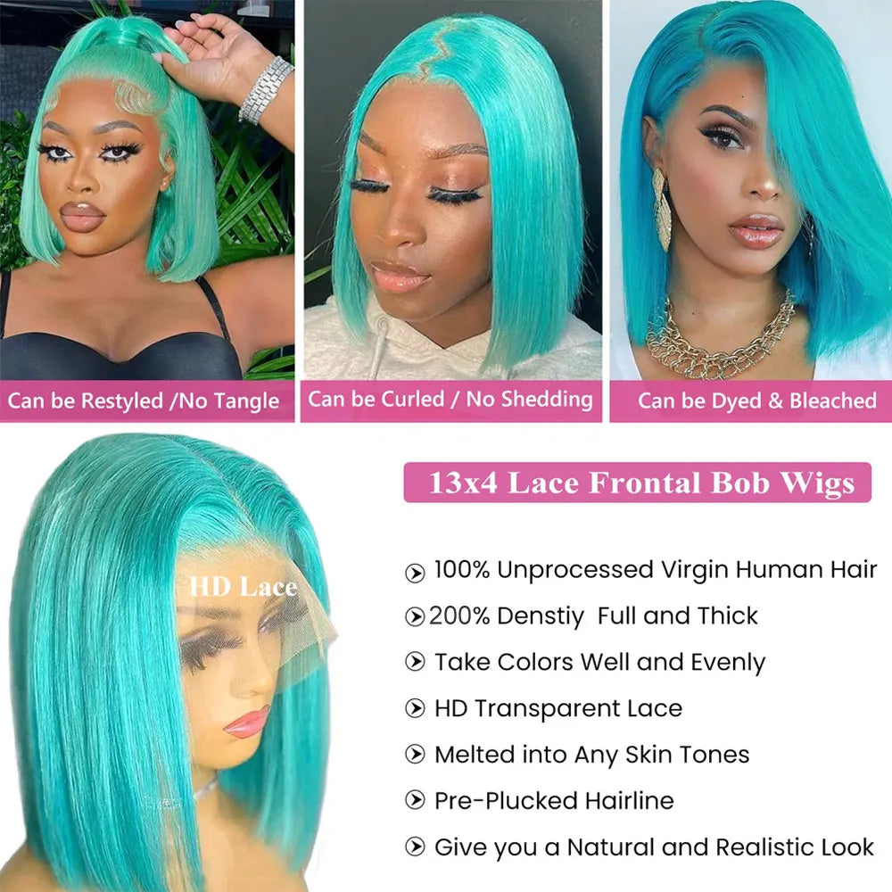 Colored Short Bob Wig Lace Front Wig Grey Pink Straight Human Hair Lace Front Wigs Dark Mint Green13x4 HD Lace Frontal Wigs