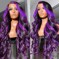 Smilegirl Purple Highlight Lace Front Wig 13x6 Human Hair Pre-plucked Hairline 36 38inches Brazilian HD Lace Frontal Human Hair Wigs 13X4 1B/Purple Curly Wavy Ombre Colored Wigs for Women