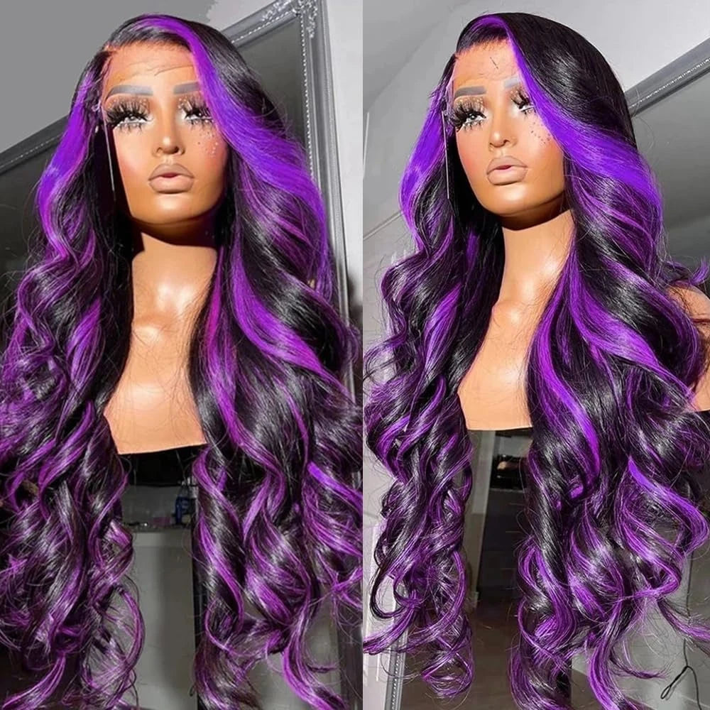 Smilegirl Purple Highlight Lace Front Wig 13x6 Human Hair Pre-plucked Hairline 36 38inches Brazilian HD Lace Frontal Human Hair Wigs 13X4 1B/Purple Curly Wavy Ombre Colored Wigs for Women