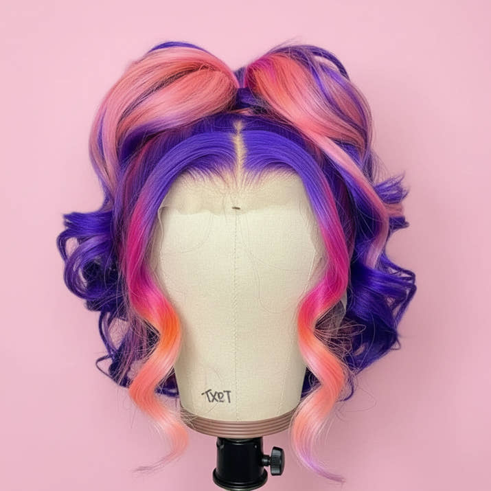 Multicolored theme  wig on a mannequin head .