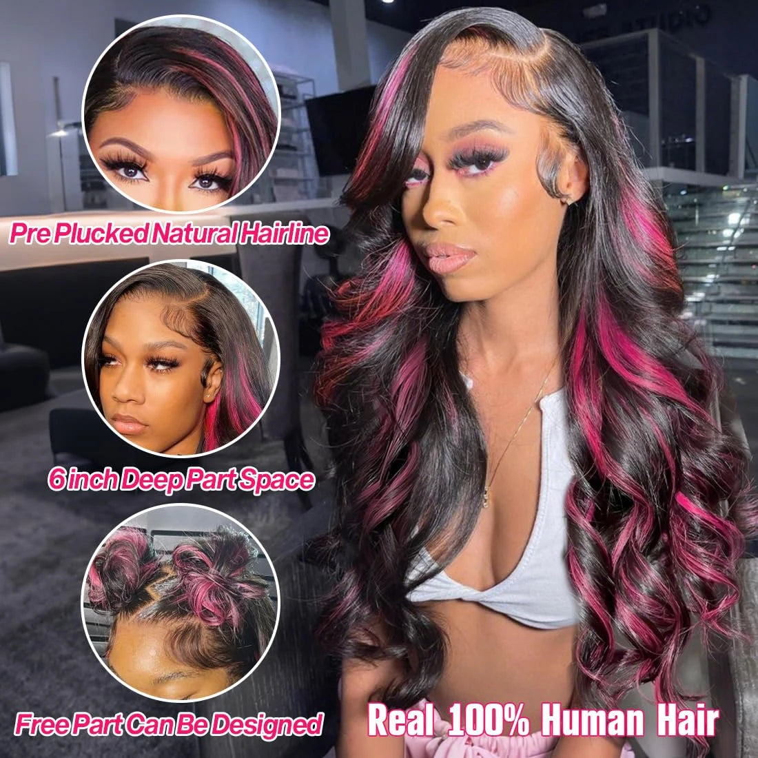 Smilegirl Purple Highlight Lace Front Wig 13x6 Human Hair Pre-plucked Hairline 36 38inches Brazilian HD Lace Frontal Human Hair Wigs 13X4 1B/Purple Curly Wavy Ombre Colored Wigs for Women