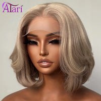 Ash Blonde with Brown Roots Short Bob Wig Transparent 13x4 Full Lace Frontal Human Hair Straight Bob Wig Pre Plucked for Women