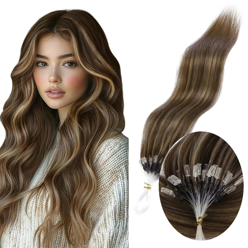 50 Strands Microlink Human Hair Extensions 100% Real Natual Microloop hair Extensions 30g Fish Line Micro Beads for Add Volume