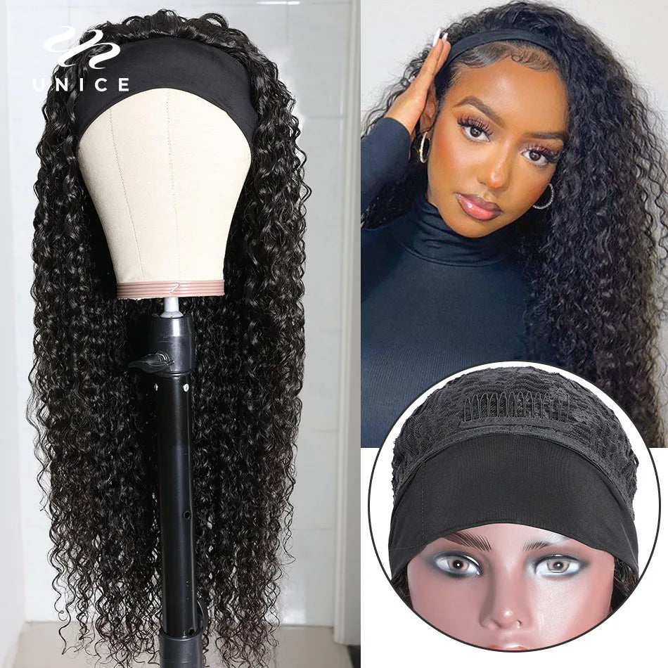 UNice Curly Headband Wigs 100% Human Hair Glueless Wig Beginner Friendly