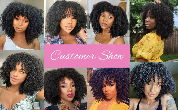 Natural Color Short Afro Kinky Curly Human Hair Wig With Bangs 200 Density NON-Lace 100% Virgin Human Hair Wigs For Black Women