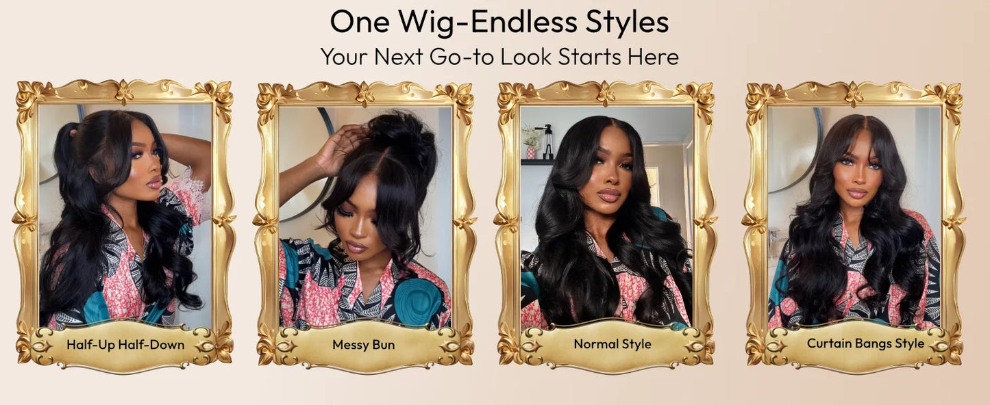 UNice 13x4 HD Real Scalp™ Wig Pull And Go Drawstring Loose Wave Human Hair Wig With Face Framing Curtain Bangs