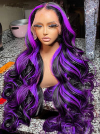 Smilegirl Purple Highlight Lace Front Wig 13x6 Human Hair Pre-plucked Hairline 36 38inches Brazilian HD Lace Frontal Human Hair Wigs 13X4 1B/Purple Curly Wavy Ombre Colored Wigs for Women