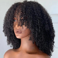 Afro Kinky Curly Wigs With Bangs For Women Brazilian Hair Machine Made Wig Short Afro Curly Human Hair Wigs 180 Density