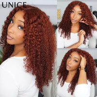UNice 7x5 Bye-Bye Knots Reddish Brown Curly Human Hair Wig With Drawstring Pre Cut Pre Bleached Glueless Wigs