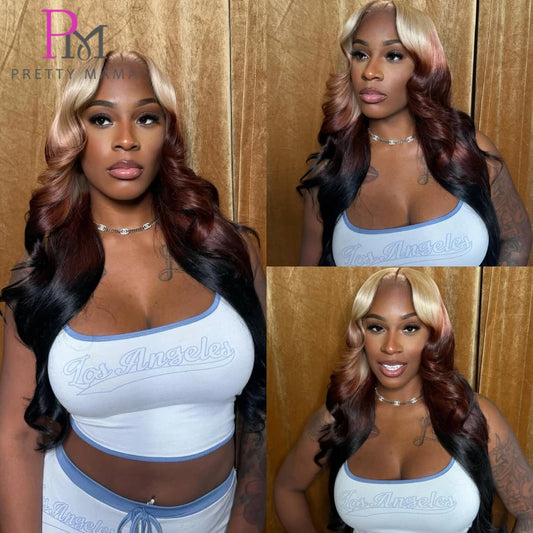 Three images of a woman with styled hair against a wooden background, featuring the Pretty Mama brand logo.
