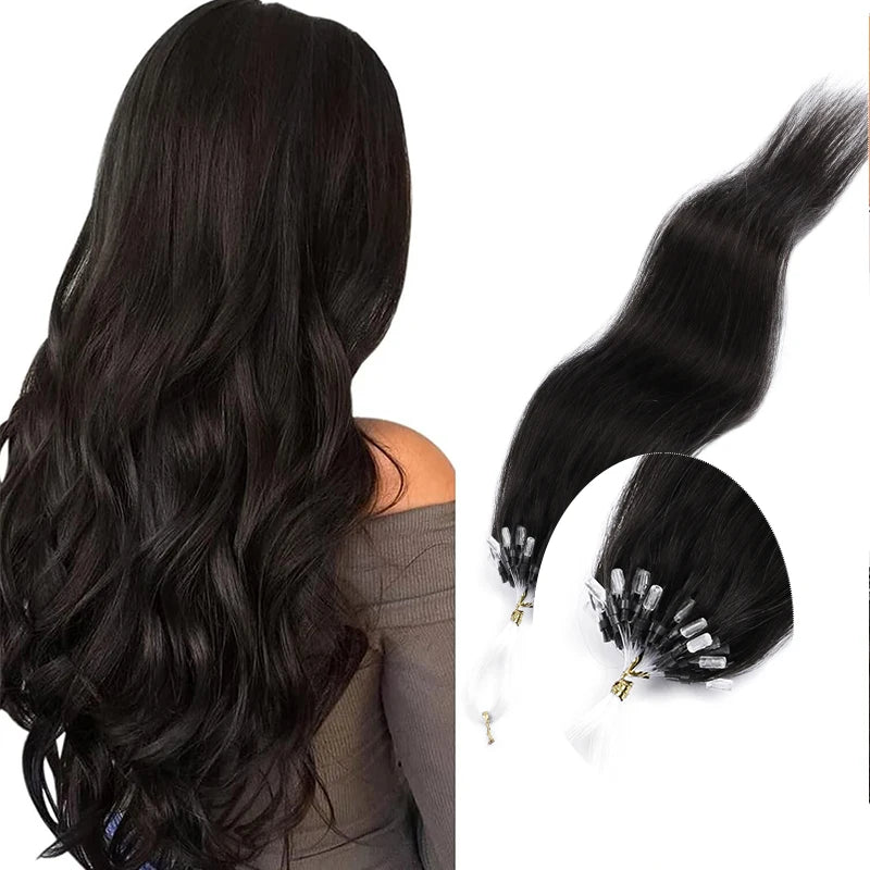 50 Strands Microlink Human Hair Extensions 100% Real Natual Microloop hair Extensions 30g Fish Line Micro Beads for Add Volume