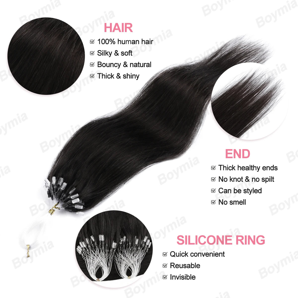 50 Strands Microlink Human Hair Extensions 100% Real Natual Microloop hair Extensions 30g Fish Line Micro Beads for Add Volume