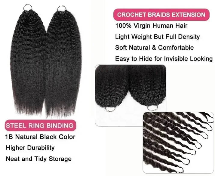 Kinky Straight Crochet Human Hair Pre Looped Feather Real Human Hair Extensions Reusable Invisible Pre-Separated Knotless