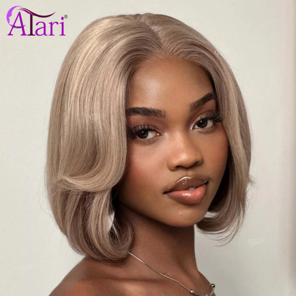 Ash Blonde with Brown Roots Short Bob Wig Transparent 13x4 Full Lace Frontal Human Hair Straight Bob Wig Pre Plucked for Women
