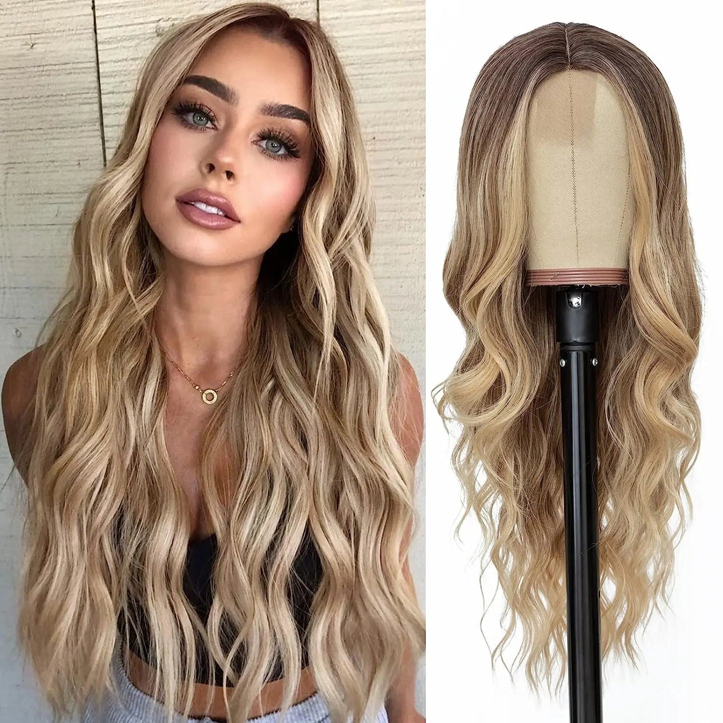 Synthetic Long Lace Wavy Wig for Women 26 Inch Middle Part Curly Natural Looking Heat Resistant Fiber for Daily Party Christmas
