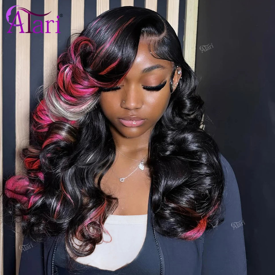 Half Black and Half Highlight Pink Blonde Lace Front Human Hair Wigs 13x6 13x4 Lace Frontal Body Wave Brazilian Wig Pre Plucked