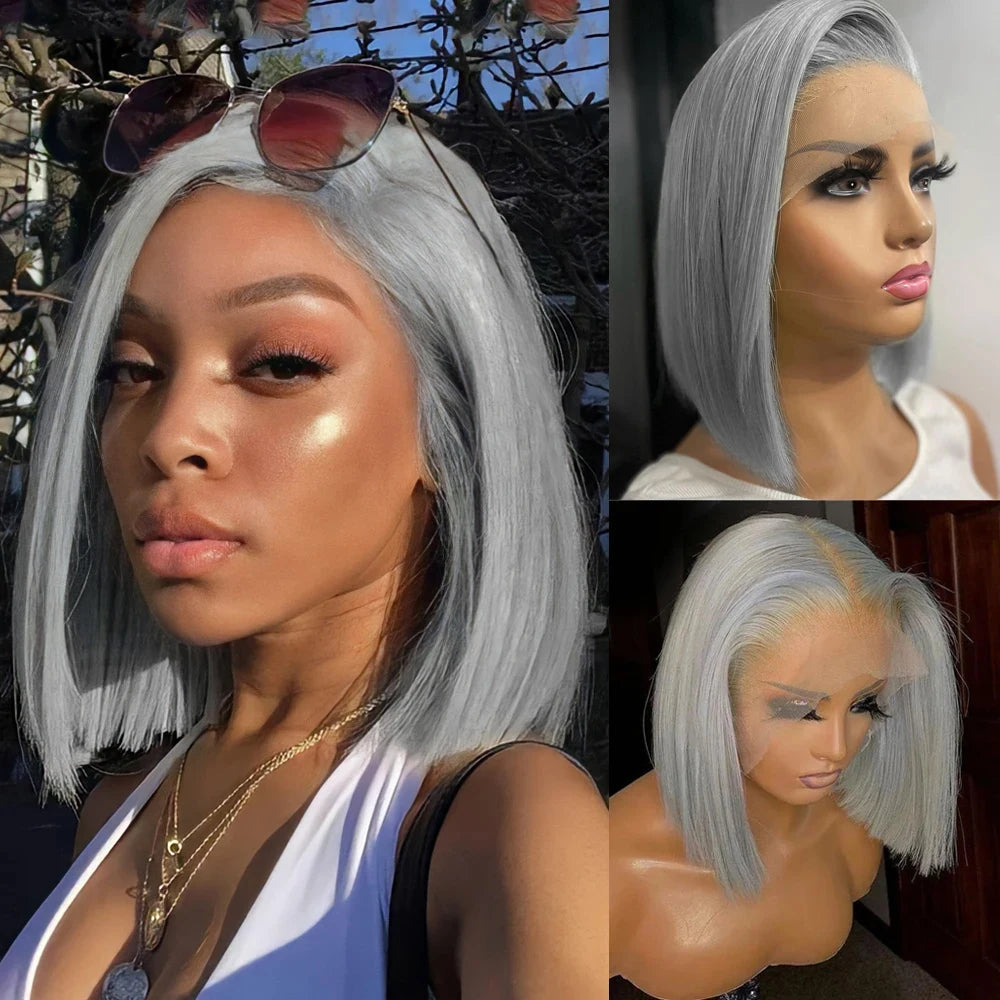 Colored Short Bob Wig Lace Front Wig Grey Pink Straight Human Hair Lace Front Wigs Dark Mint Green13x4 HD Lace Frontal Wigs