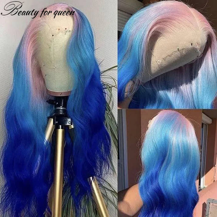 28 Inches Glueless For Women Colored Brazilian Human Hair Wig Cosplay Ombre Pink Blue Body Wave Transparent Lace Frontal Wigs