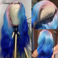 28 Inches Glueless For Women Colored Brazilian Human Hair Wig Cosplay Ombre Pink Blue Body Wave Transparent Lace Frontal Wigs