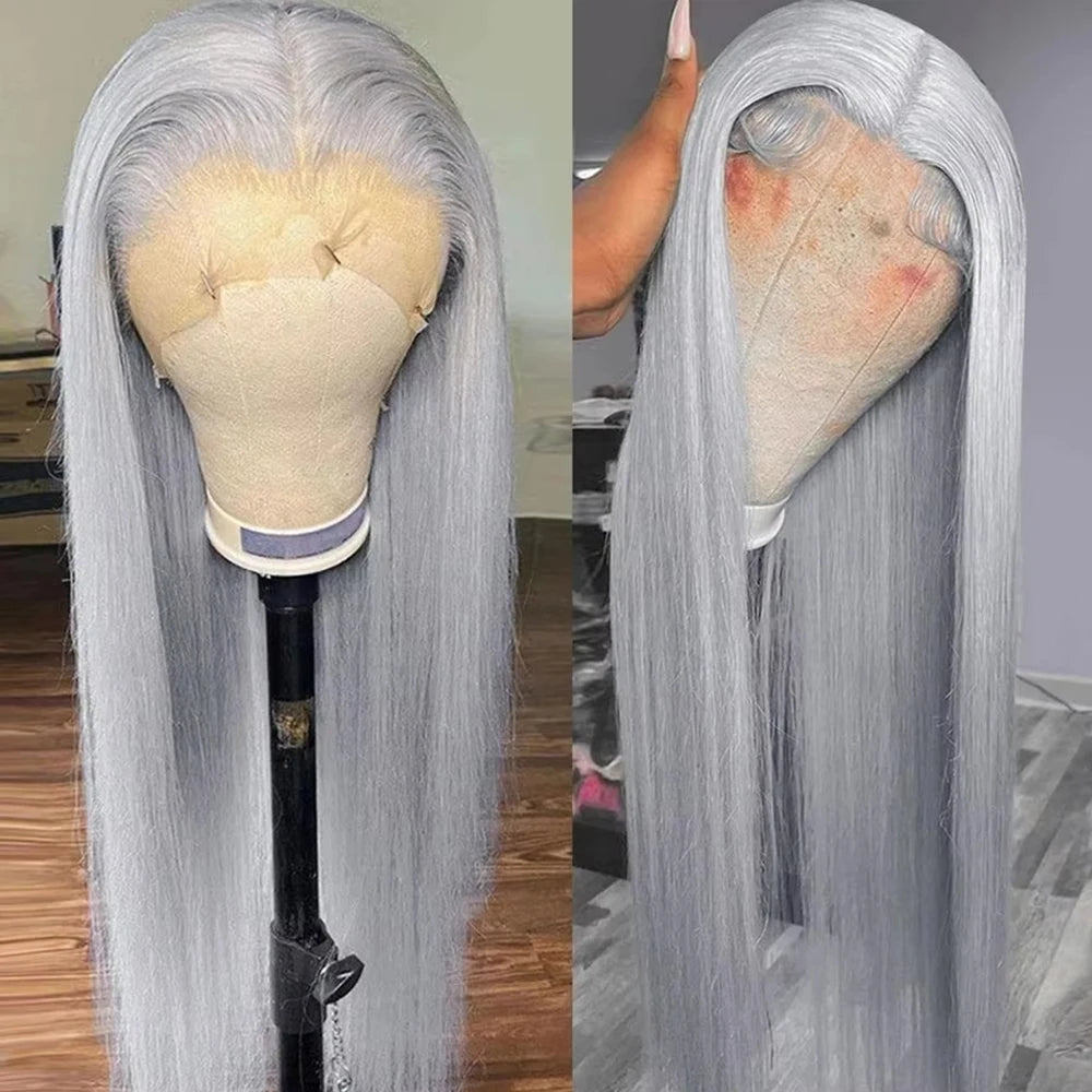 40 Inch 13x6 HD Silver Grey Colored Straight Lace Front Wigs Human Hair Brazilian 13x4 Lace Frontal Wigs For Women 250% Density