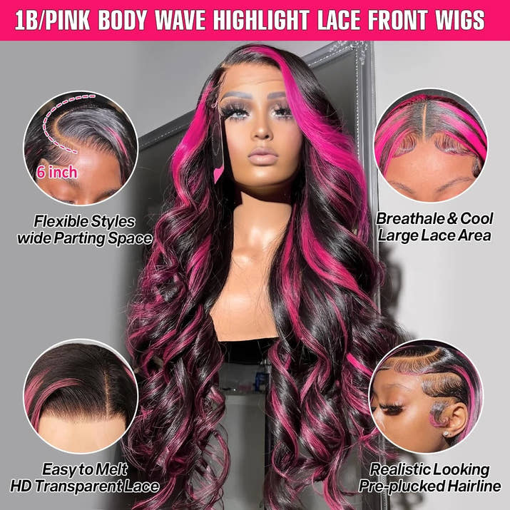 Smilegirl Purple Highlight Lace Front Wig 13x6 Human Hair Pre-plucked Hairline 36 38inches Brazilian HD Lace Frontal Human Hair Wigs 13X4 1B/Purple Curly Wavy Ombre Colored Wigs for Women