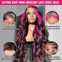 Smilegirl Purple Highlight Lace Front Wig 13x6 Human Hair Pre-plucked Hairline 36 38inches Brazilian HD Lace Frontal Human Hair Wigs 13X4 1B/Purple Curly Wavy Ombre Colored Wigs for Women