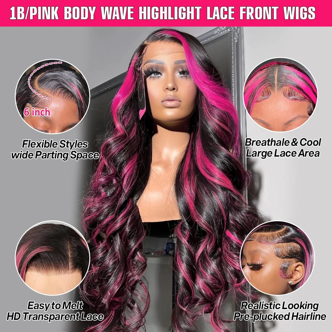 Smilegirl Purple Highlight Lace Front Wig 13x6 Human Hair Pre-plucked Hairline 36 38inches Brazilian HD Lace Frontal Human Hair Wigs 13X4 1B/Purple Curly Wavy Ombre Colored Wigs for Women