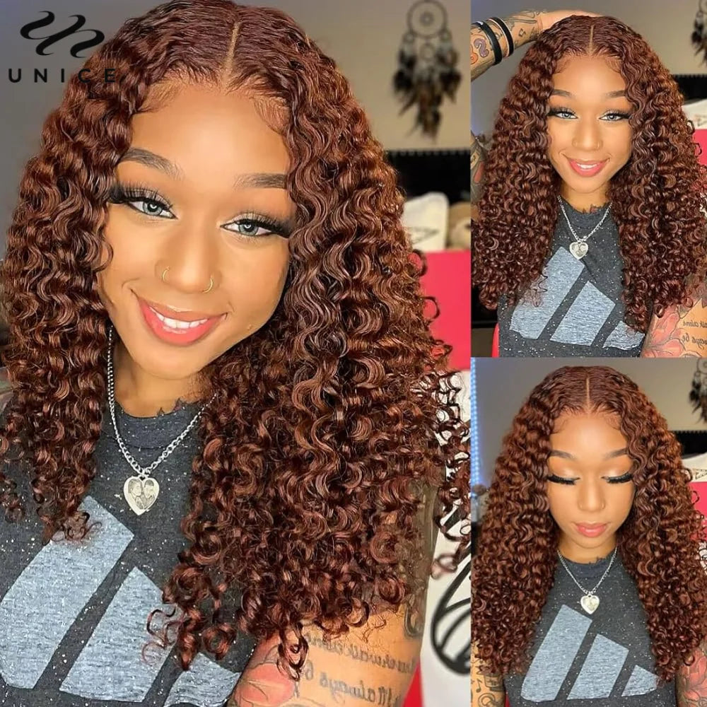 UNice 7x5 Bye-Bye Knots Reddish Brown Curly Human Hair Wig With Drawstring Pre Cut Pre Bleached Glueless Wigs