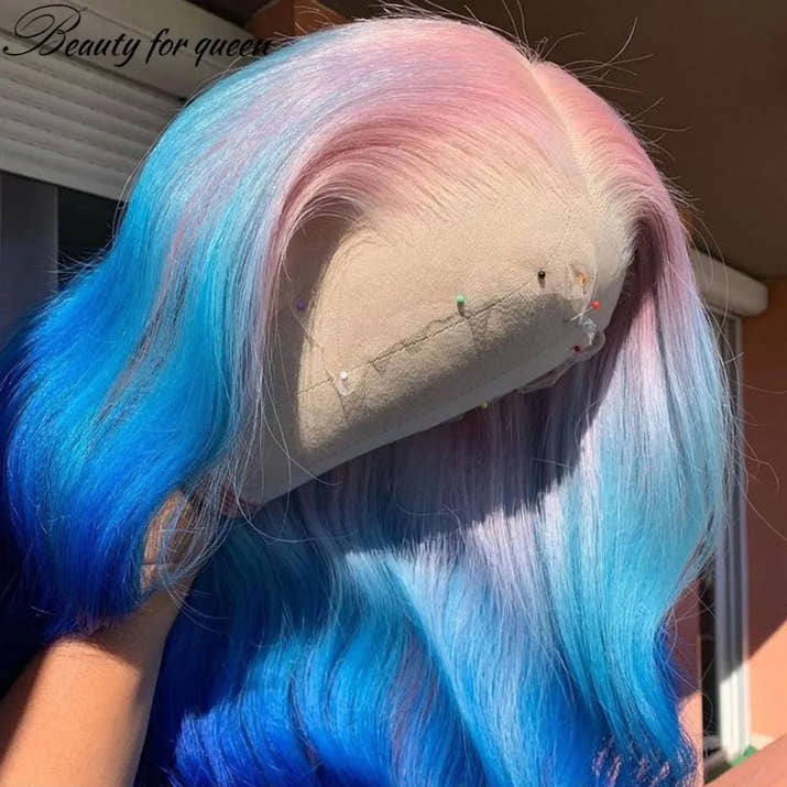 28 Inches Glueless For Women Colored Brazilian Human Hair Wig Cosplay Ombre Pink Blue Body Wave Transparent Lace Frontal Wigs