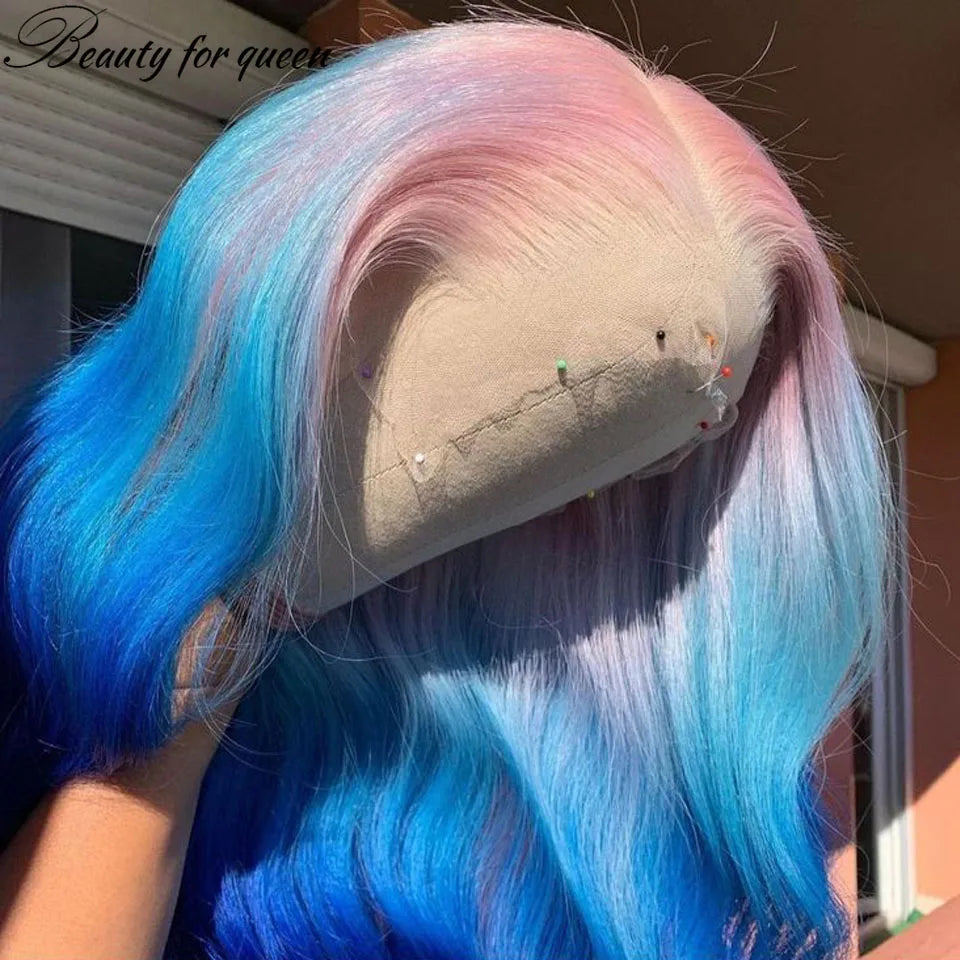 28 Inches Glueless For Women Colored Brazilian Human Hair Wig Cosplay Ombre Pink Blue Body Wave Transparent Lace Frontal Wigs