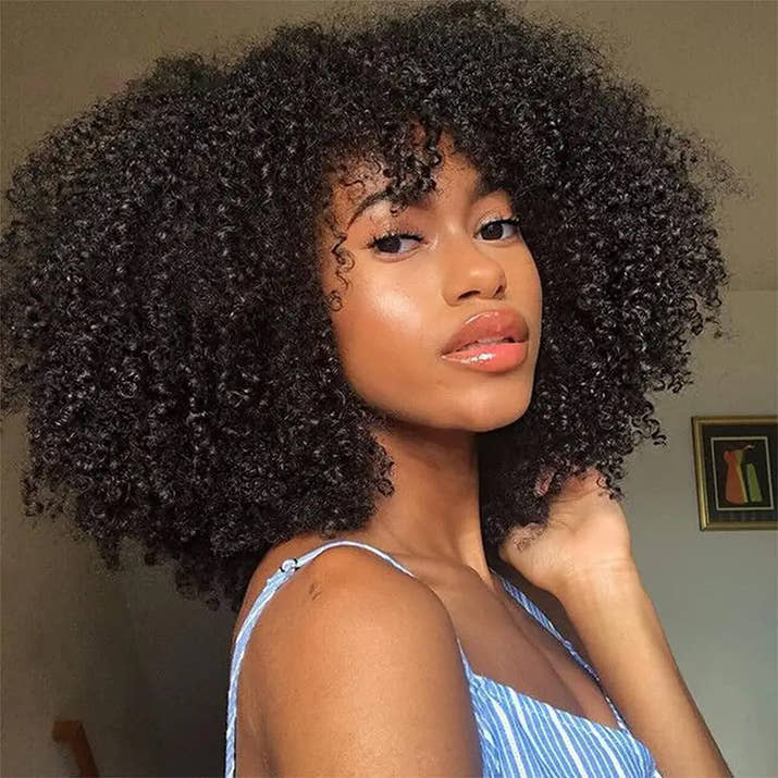 Afro Kinky Curly Wigs With Bangs For Women Brazilian Hair Machine Made Wig Short Afro Curly Human Hair Wigs 180 Density