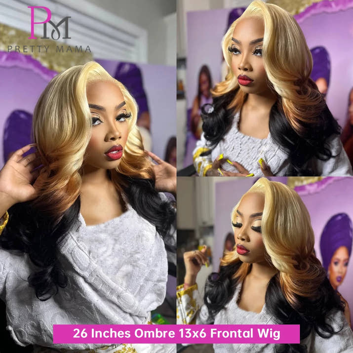 Collage of a woman with a 26 inches ombre 13x6 frontal wig, featuring Pretty Mama brand.