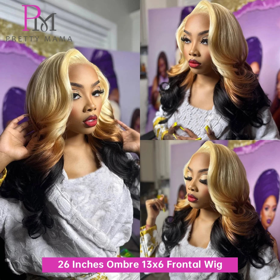 Collage of a woman with a 26 inches ombre 13x6 frontal wig, featuring Pretty Mama brand.