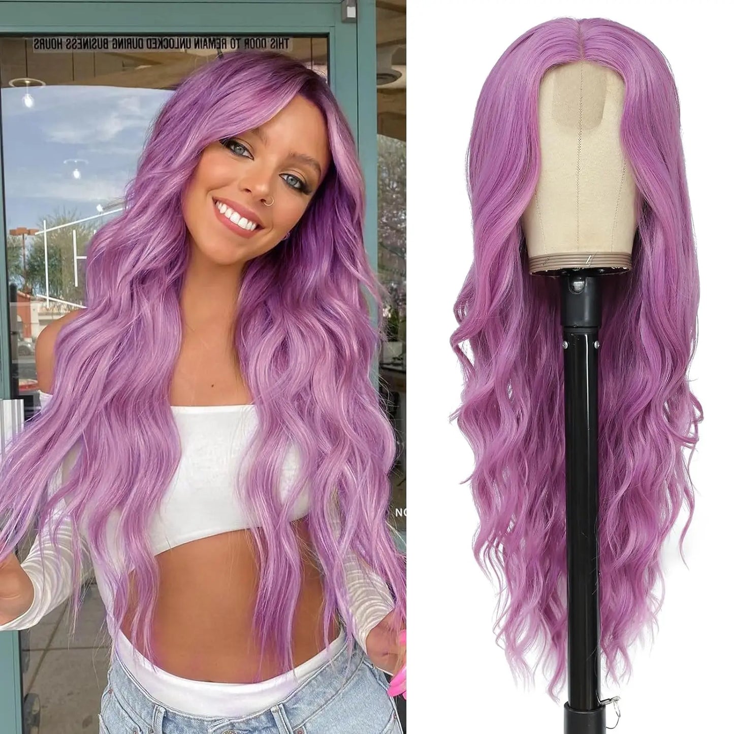 Synthetic Long Lace Wavy Wig for Women 26 Inch Middle Part Curly Natural Looking Heat Resistant Fiber for Daily Party Christmas
