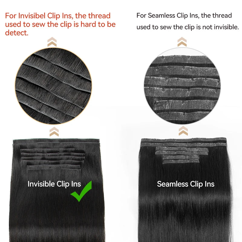 Invisible PU Weft Clip In Extension Human Hair Injected Clip in Hair Weft Machine Remy 12"-24" 7Pcs Silk Straight Clip On Hairs