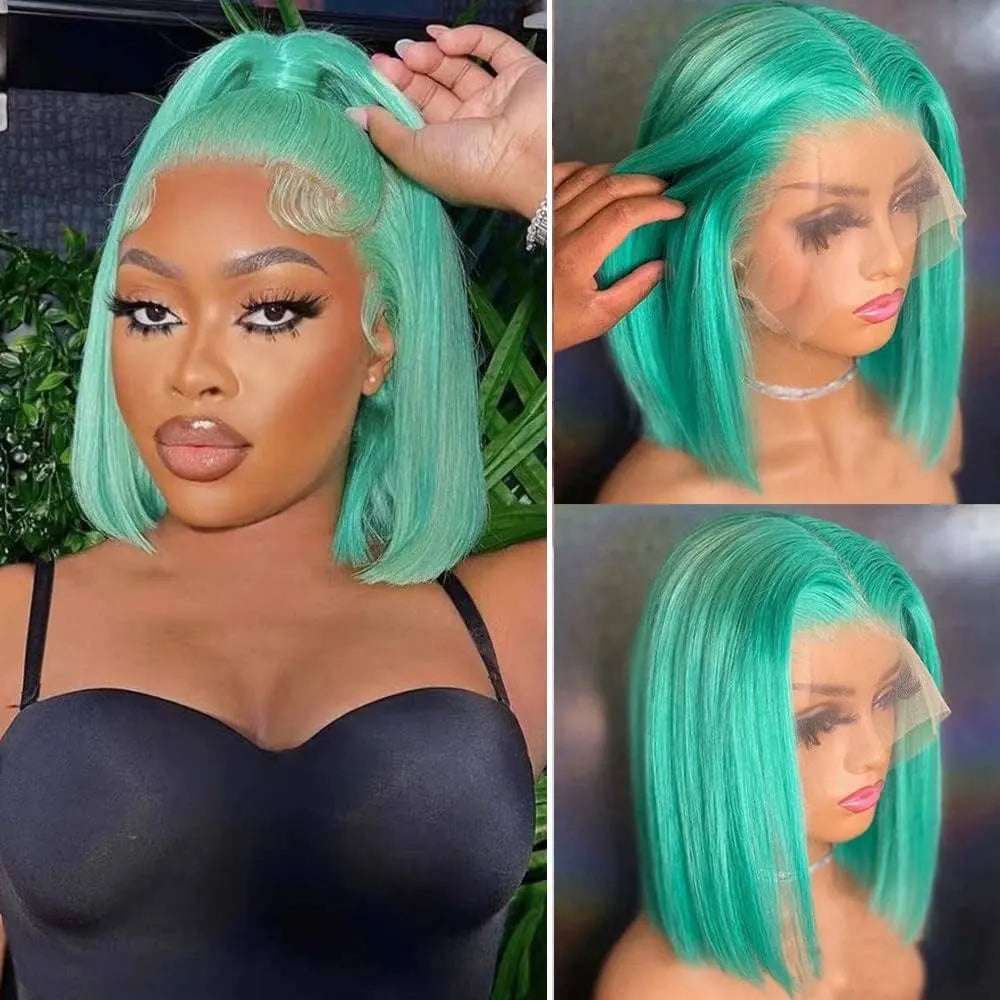 Colored Short Bob Wig Lace Front Wig Grey Pink Straight Human Hair Lace Front Wigs Dark Mint Green13x4 HD Lace Frontal Wigs