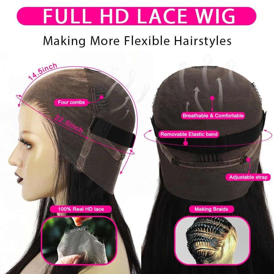 WowAngel HD Full Lace Wig All Skins Melted Human Hair Wig 26in Straight HD Lace Wigs Natural Scalp Remy Brazilian Hair For Woman
