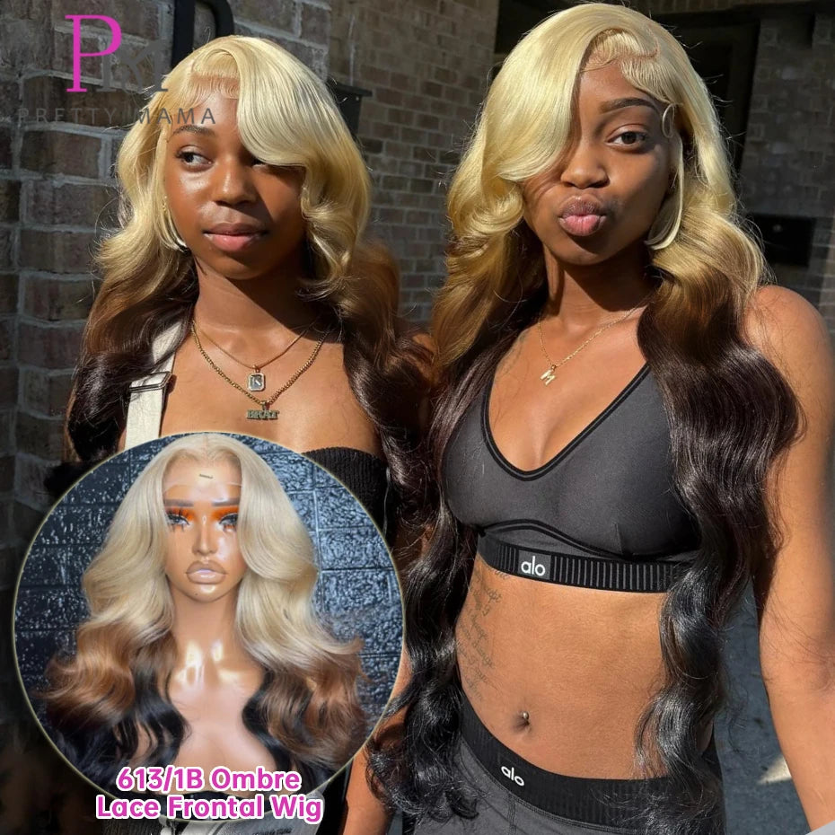 Woman with blonde and black ombre lace frontal wig in front of a brick wall.