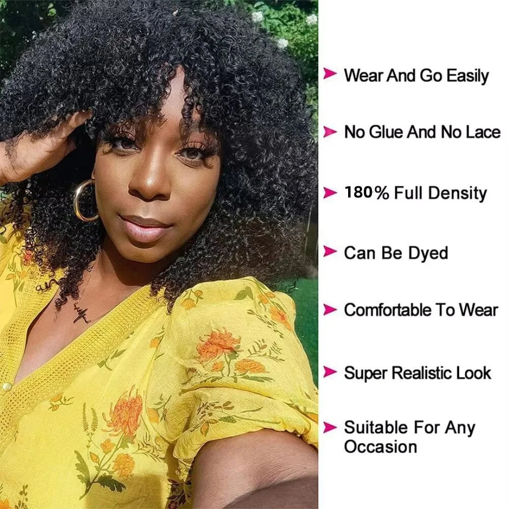 Afro Kinky Curly Wigs With Bangs For Women Brazilian Hair Machine Made Wig Short Afro Curly Human Hair Wigs 180 Density