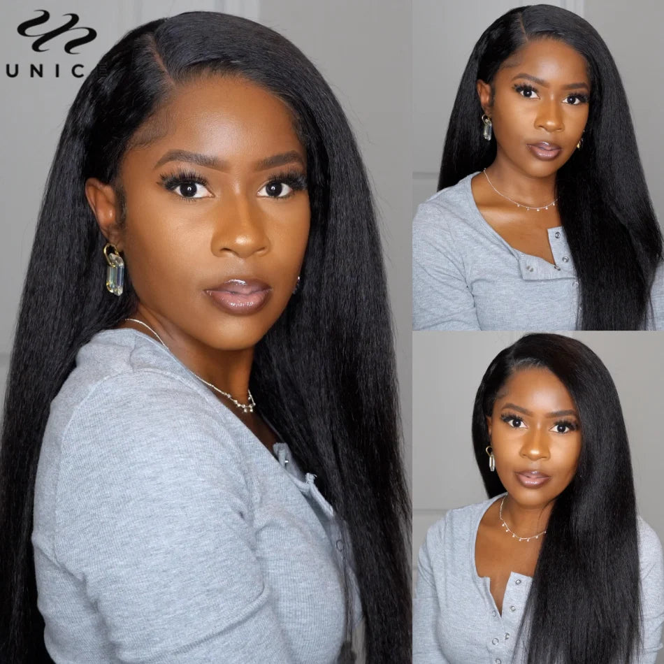 UNice 13x4 HD Real Scalp™ Wig Invisible Lace Frontal Kinky Straight Wig With Drawstring 100% Human Hair Glueless Wigs
