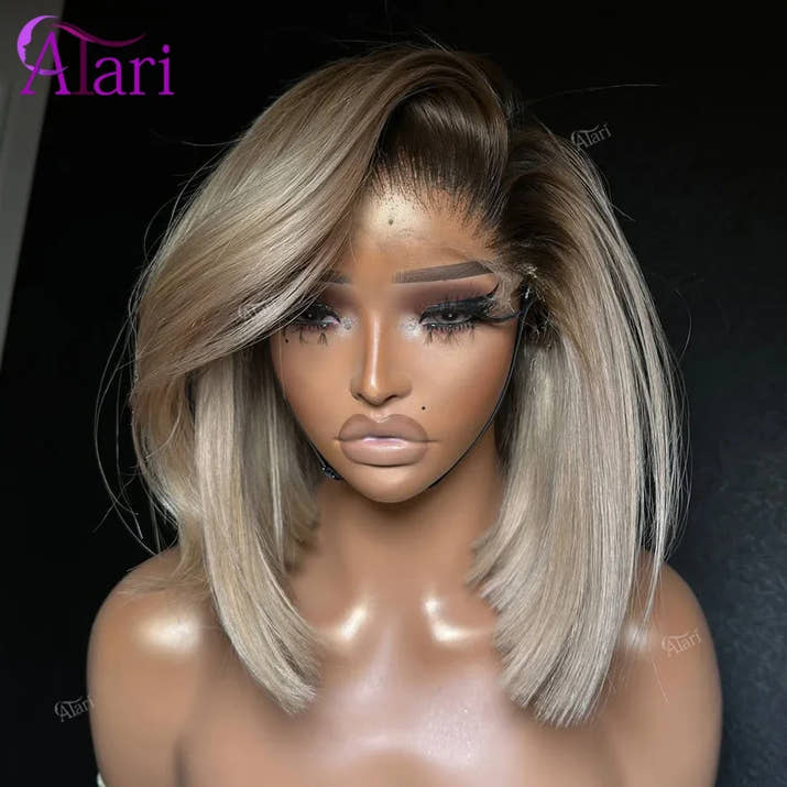 Ash Blonde with Brown Roots Short Bob Wig Transparent 13x4 Full Lace Frontal Human Hair Straight Bob Wig Pre Plucked for Women