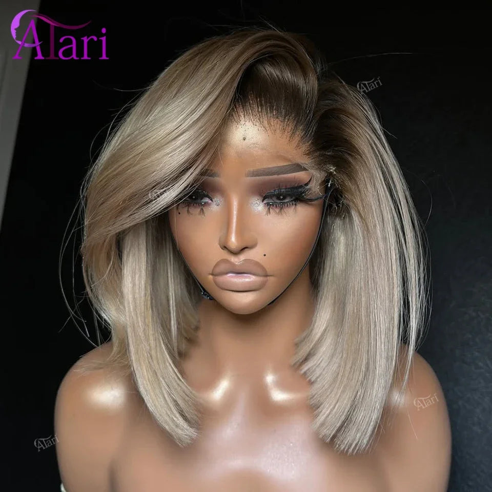Ash Blonde with Brown Roots Short Bob Wig Transparent 13x4 Full Lace Frontal Human Hair Straight Bob Wig Pre Plucked for Women