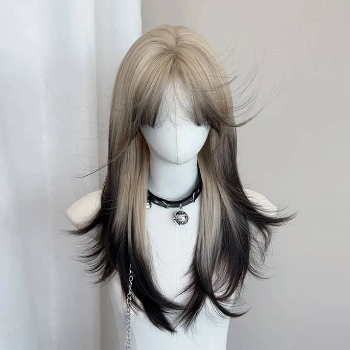 Ombre Blonde Black Synthetic Layered Wig for Lolita Cosplay Daily Party Women Long Straight Wig with Bangs
