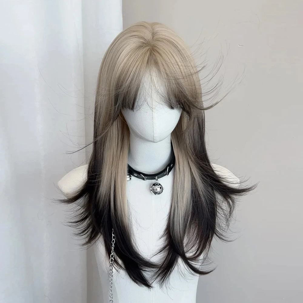 Ombre Blonde Black Synthetic Layered Wig for Lolita Cosplay Daily Party Women Long Straight Wig with Bangs